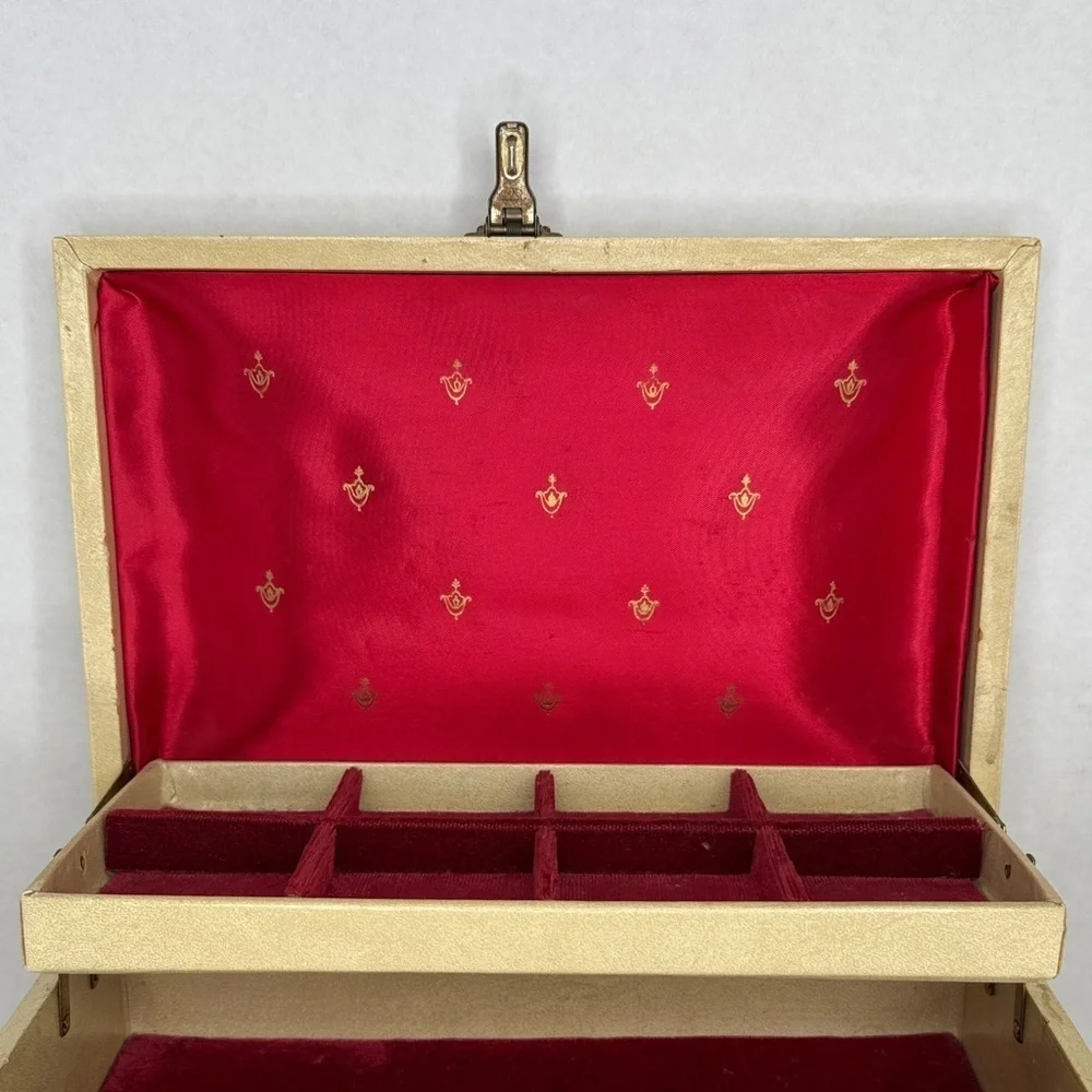 1950s Mele Leatherette Red Lined Jewelry Box With Compartments & Latch (no key)